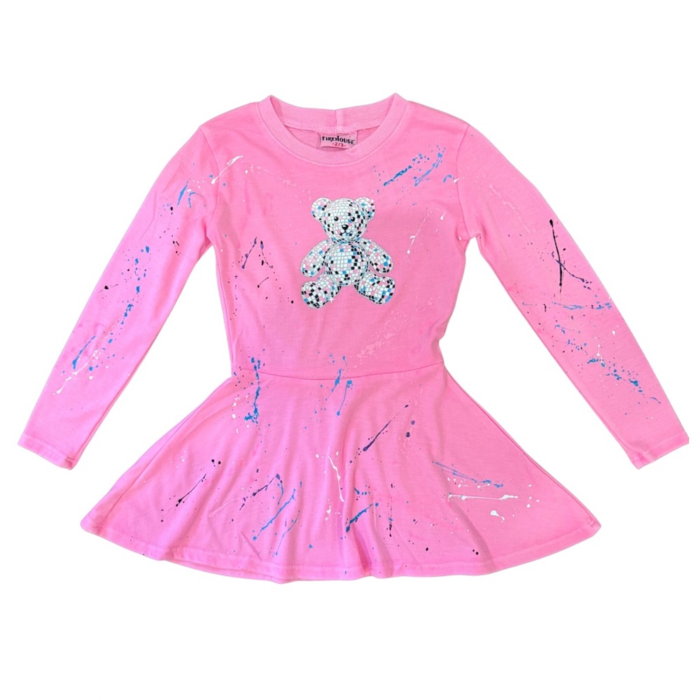 Firehouse pink disco bear long sleeve glitter splatter dress girls size 2/3 NWT